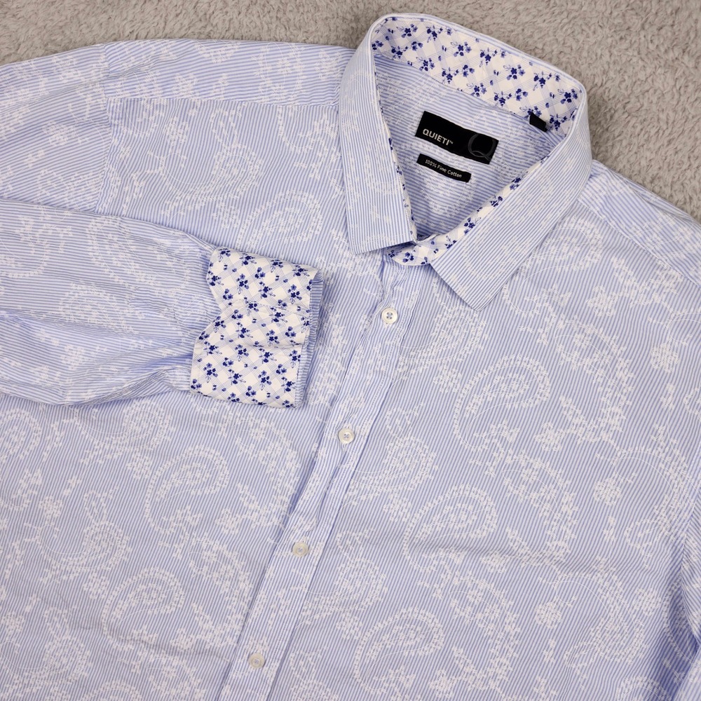 Quieti Button Up Shirt Mens XL Blue Paisley Stripes Floral Contrast Flip Cuff